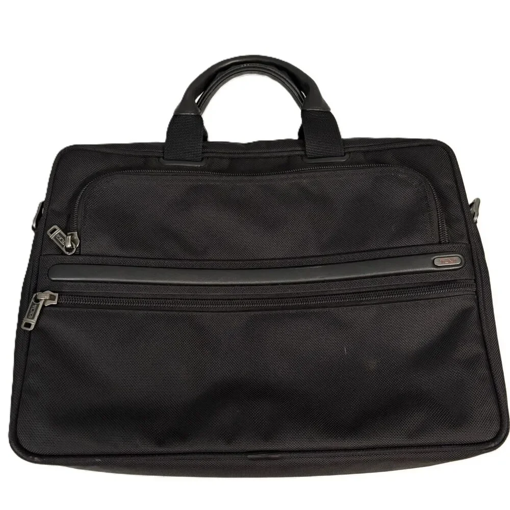 TUMI Black Ballistic Nylon Slimline Padded Laptop Bag Black Leather Handles
